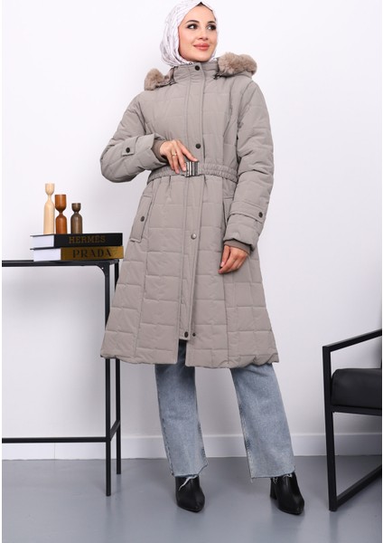 Vizon Kapüşonu Kürklü Uzun Şişme Mont fiyatları