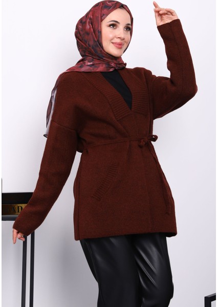Bordo Bel Kuşaklı Cepli Triko Hırka modelleri