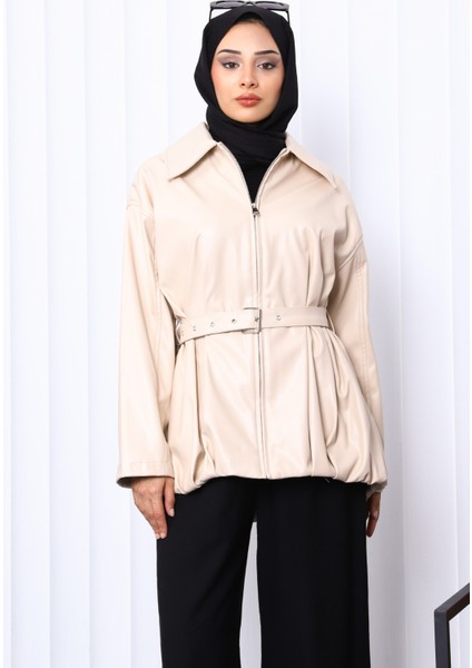 Bej Kemerli Deri Ceket