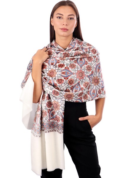 Krem Full Işlemeli Suzani Yün Şal