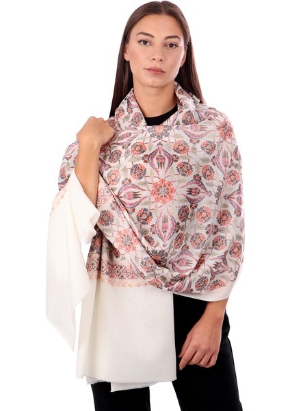 Krem Full Işlemeli Suzani Yün Şal