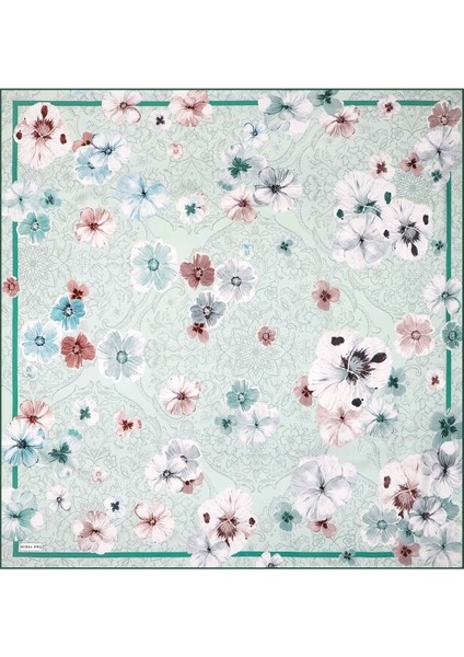 Mint Gelincik Desen Çift Taraflı Twill Ipek Eşarp