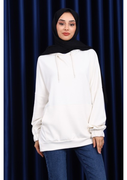 Krem Kanguru Cepli Modal Sweatshirt