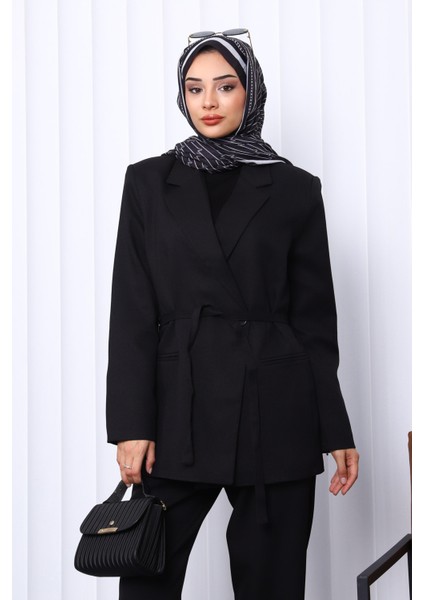 Siyah Kruvaze Yaka Düğmeli Blazer Ceket