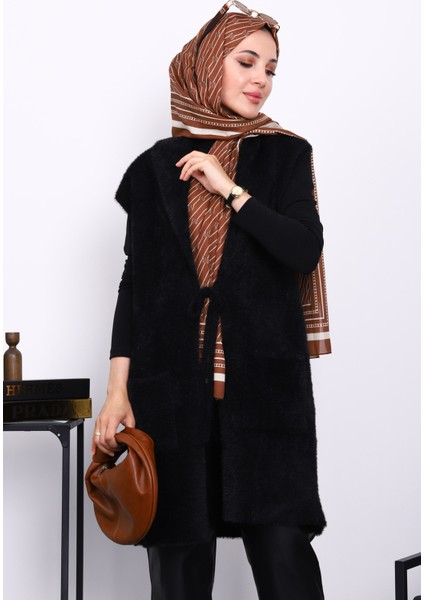 Siyah Ön Bağlamalı Cepli Angora Yumoş Yelek modelleri
