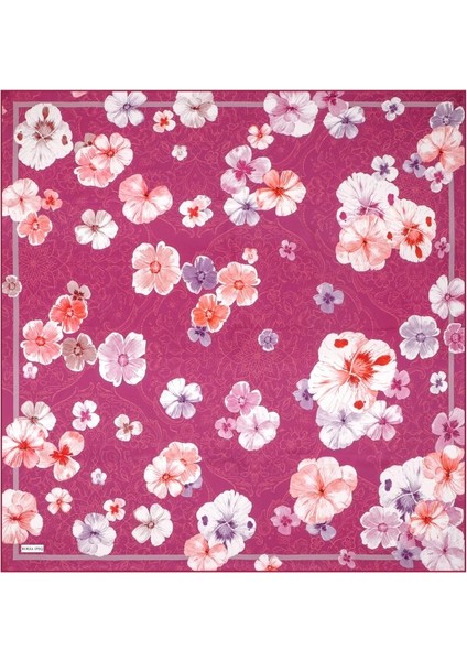Fuşya Gelincik Desen Çift Taraflı Twill Ipek Eşarp