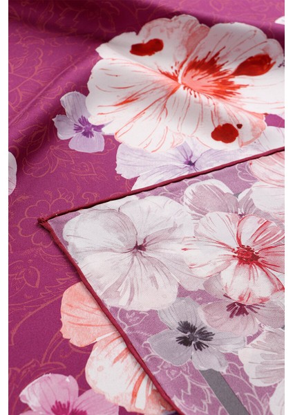 Fuşya Gelincik Desen Çift Taraflı Twill Ipek Eşarp fiyatları