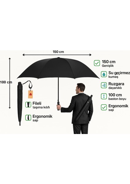 Parachase Premium Protokol Şemsiyesi 150 cm Saplı Özel Taşıma Kılıflı Otomatik Şemsiye