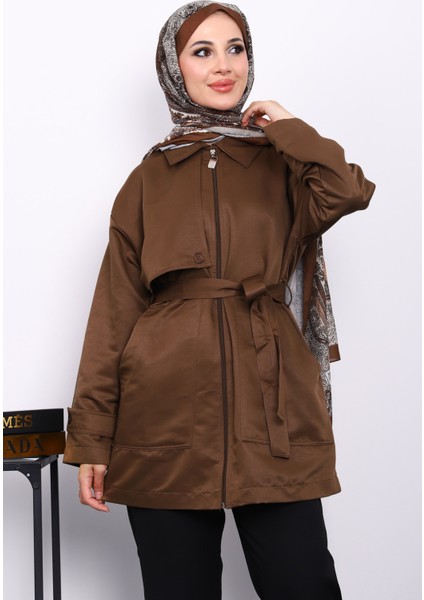 Kahverengi Cep Detaylı Kuşaklı Ceket