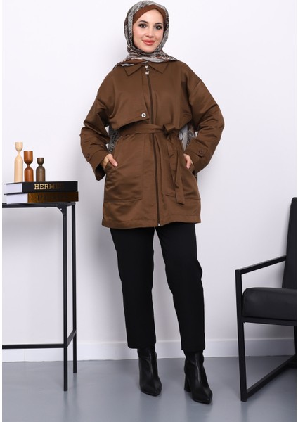 Kahverengi Cep Detaylı Kuşaklı Ceket fiyatları