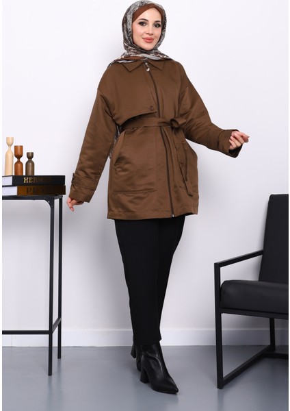 Kahverengi Cep Detaylı Kuşaklı Ceket modelleri