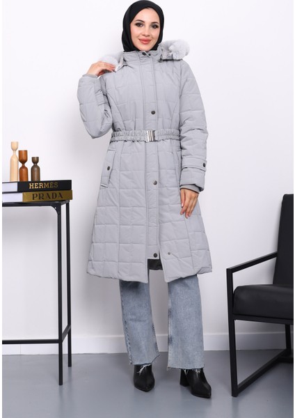 Gri Kapüşonu Kürklü Uzun Şişme Mont fiyatları