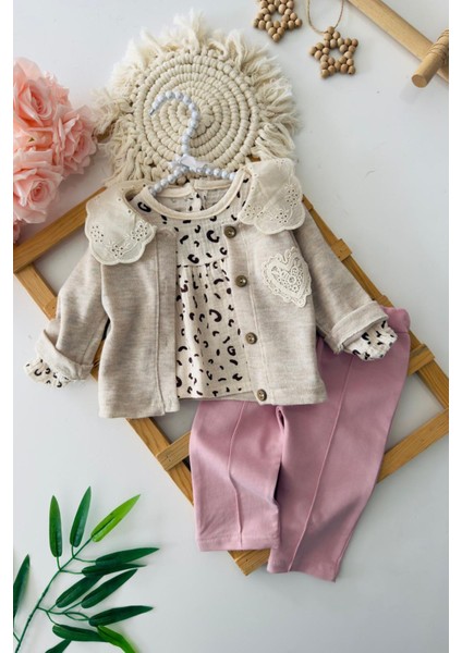 Müslin Leopar Detaylı Gömlekli Kız Bebe 3 lü takım - Gül Kurusu
