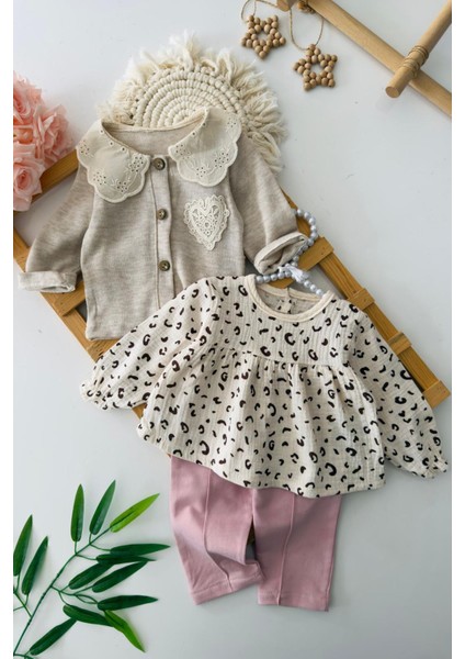 Müslin Leopar Detaylı Gömlekli Kız Bebe 3 lü takım - Gül Kurusu fiyatları