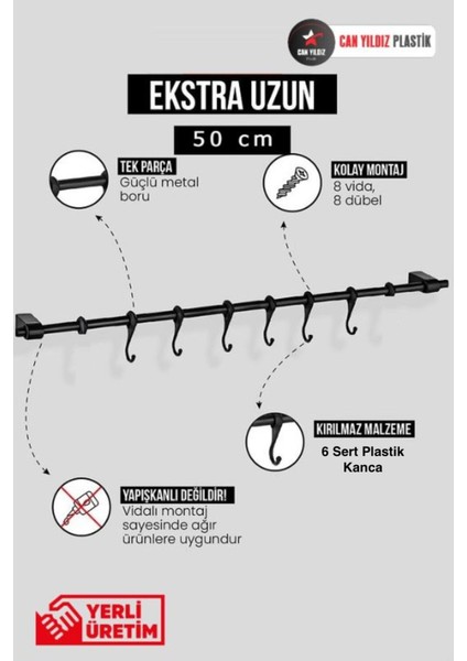 Can Yıldız Plastik Duvar Mobilyaya Monte 6 Kancalı Fincan Kupa Bardak Kaşık Kepçe Askısı Siyah 50CM