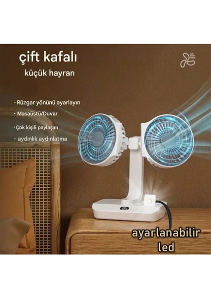 Bfs Masaüstü Dijital Ekranlı Çift Fanlı LED Işıklı Soğutucu Fan Ev Ofis Şarjlı Vantilatör