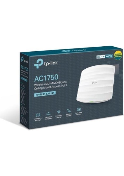 Tp-Lınk Omada EAP245 AC1750 Dual Bant Wıfı5 2xgbıt RJ45 450MBPS/2.4GHZ Tavan Tipi Access Poınt (Adaptörlü)