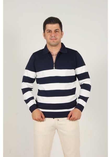 3003 Yakası Fermuarlı Yakalı Çizgili Kazak