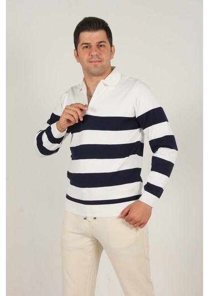 3003 Yakası Fermuarlı Yakalı Çizgili Kazak