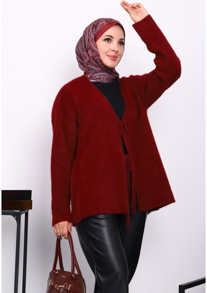 Bordo Ön Bağlamalı Angora Yumoş Hırka