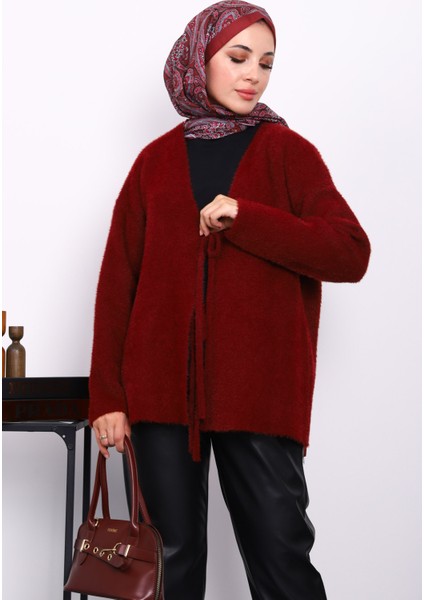Bordo Ön Bağlamalı Angora Yumoş Hırka modelleri