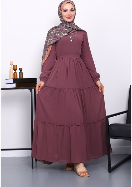 Gül Kurusu Eteği Katlı Kol Bağlamalı Elbise