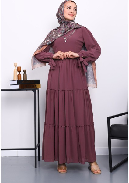 Gül Kurusu Eteği Katlı Kol Bağlamalı Elbise fiyatları