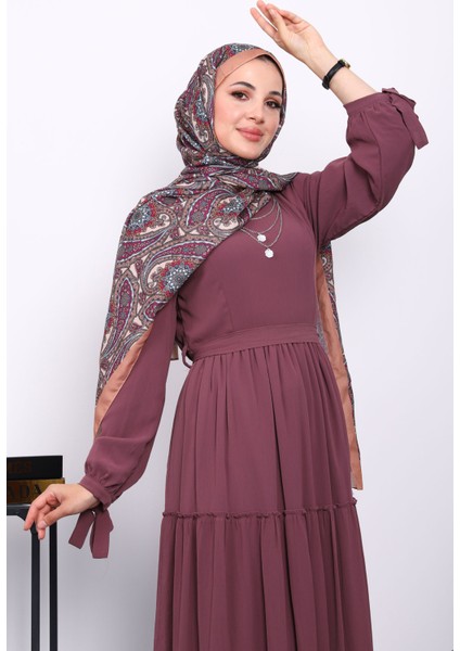 Gül Kurusu Eteği Katlı Kol Bağlamalı Elbise modelleri