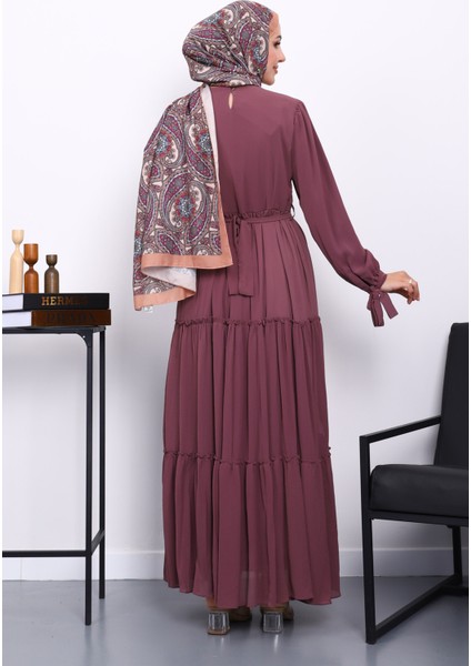 Gül Kurusu Eteği Katlı Kol Bağlamalı Elbise fırsatları