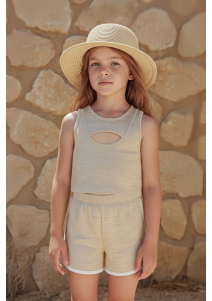 Kız Çocuk Pencere Detaylı Likralı Bluz Şort Takım (2yaş - 7yaş)