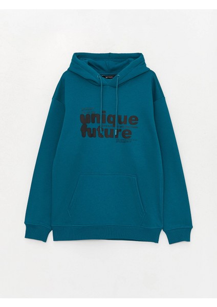 Lcw Casual Petrol Uzun Kollu Baskılı Erkek Kalın Hoodie