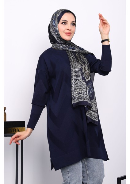 Lacivert Soğuk Iplik Bisiklet Yaka Triko Tunik