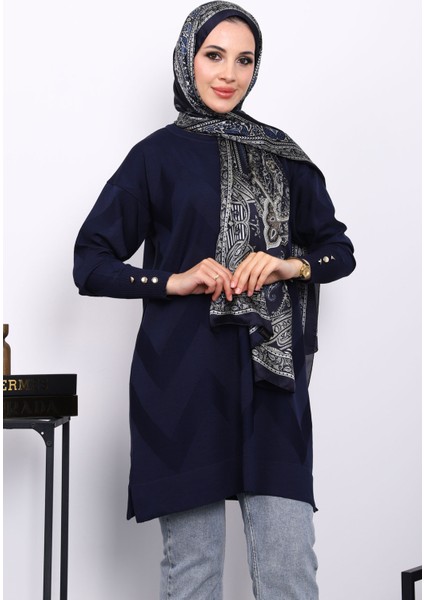 Lacivert Soğuk Iplik Bisiklet Yaka Triko Tunik modelleri