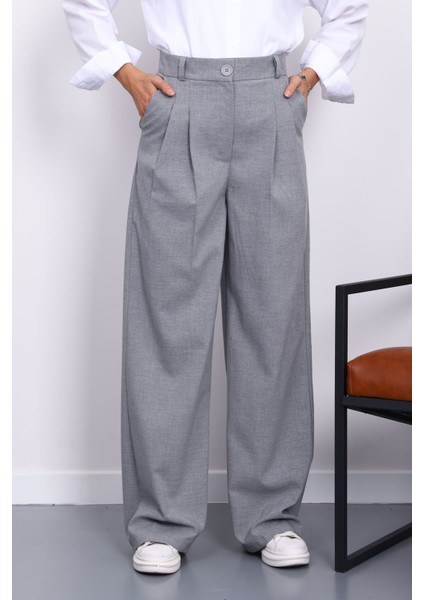 Gri Palazzo Geniş Paça Pantolon