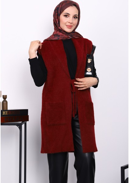 Bordo Ön Bağlamalı Cepli Angora Yumoş Yelek