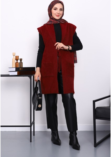 Bordo Ön Bağlamalı Cepli Angora Yumoş Yelek fiyatları
