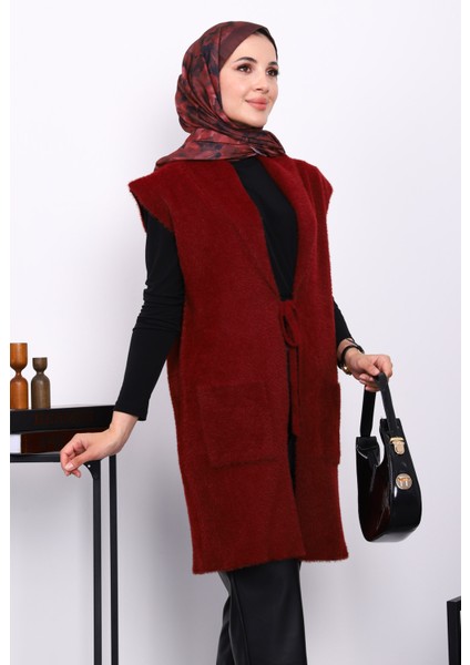 Bordo Ön Bağlamalı Cepli Angora Yumoş Yelek modelleri