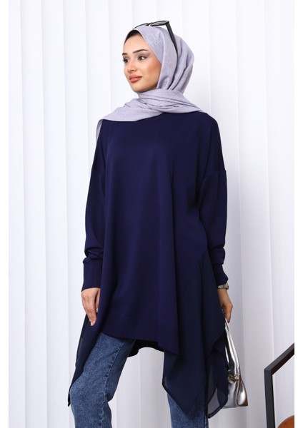Lacivert Bisiklet Yaka Tül Detaylı Tunik modelleri
