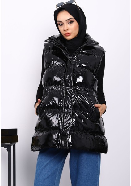 Siyah Rugan Bel Lastikli Yelek modelleri