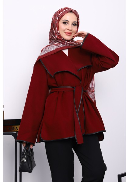 Bordo Deri Biyeli Şal Yaka Kaşe Ceket