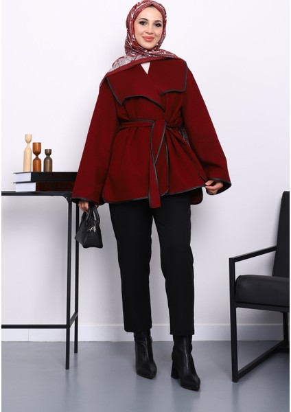 Bordo Deri Biyeli Şal Yaka Kaşe Ceket fiyatları