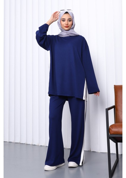 Lacivert Yanları Yırtmaçlı Tunik Pantolonlu Takım fiyatları