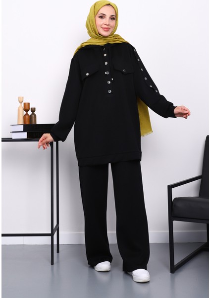 Siyah Çıtçıt Detaylı Tunik Pantolonlu Takım