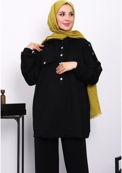 Siyah Çıtçıt Detaylı Tunik Pantolonlu Takım modelleri