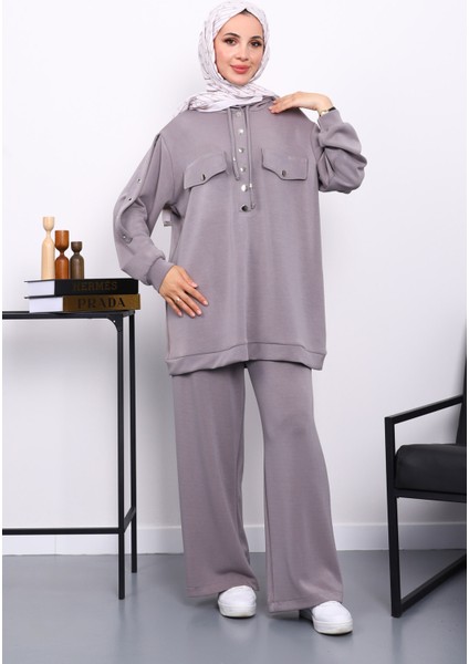 Gri Çıtçıt Detaylı Tunik Pantolonlu Takım