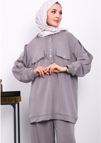 Gri Çıtçıt Detaylı Tunik Pantolonlu Takım modelleri