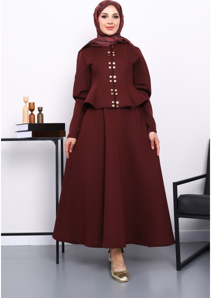 Bordo Crop Ceket Etekli Scuba Takım