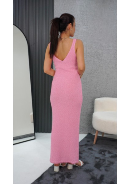 V Yaka Bürümcük Elbise Toz Pembe fiyatları