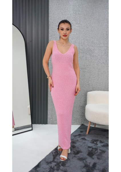 V Yaka Bürümcük Elbise Toz Pembe