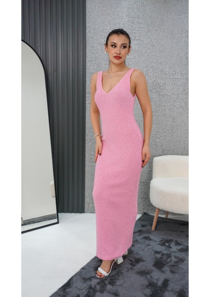 V Yaka Bürümcük Elbise Toz Pembe fırsatları